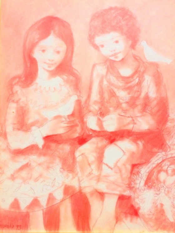 Image 1 of Alvarido, Red Chalk: 'Children' 70s Vintage *