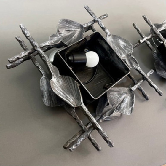 Image 1 of Pair of Brutalist wall sconces – Hand-Forged iron with Artistic glass – Italy 1960s–70s