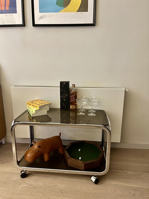 Stylish vintage side table/serving trolley – chrome & glass