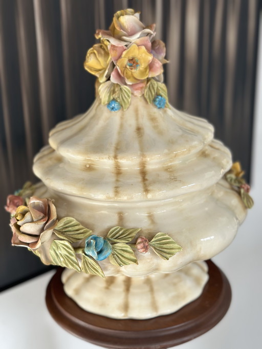 Vintage Baroque-Style Ceramic Lidded Bowl with Hand-Applied Flowers