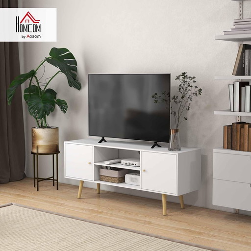 HOMCOM Meuble TV Banc TV Style scandinave 2 Portes 2 niches Pieds en Bois pin Panneaux Blanc - 120 x 34 x 50 cm