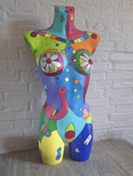 Hand-Painted Female Torso in Pop-Art Style – Signed “MH i2” – Unique Art Piece