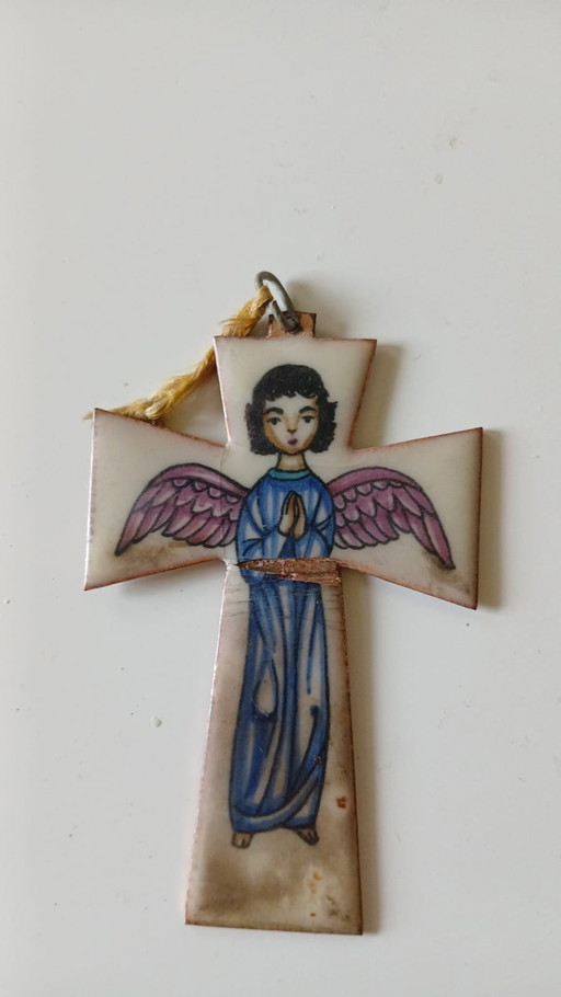 Cradle cross copper vintage crucifix angel enamel