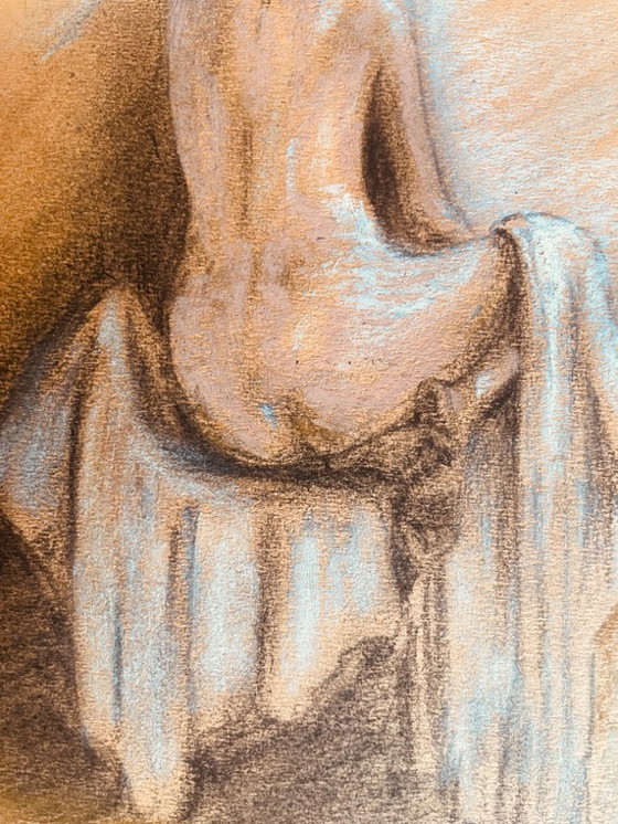 Image 1 of Pastel painting "female portrait from behind in a white drape"