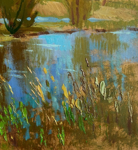 Image 1 of Origineel olieverfschilderij: Kustdorplandschap - Er stroomt een rivier vlakbij het dorp.