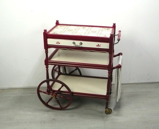 Vintage serveerwagen met 3 etages en lade, crèmekleurig en robijnrood, antieke stijl – Wood, Ceramic