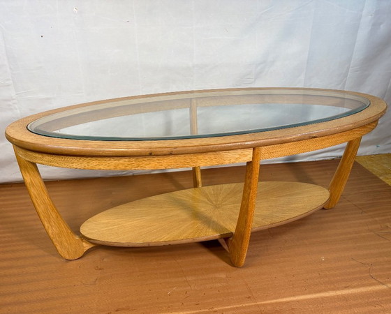 Image 1 of Mid-Century Retro Vintage Oak-Style Coffee Table by Nathan Furniture  Edged Glass Top • British Design Classic • Timeless Statem