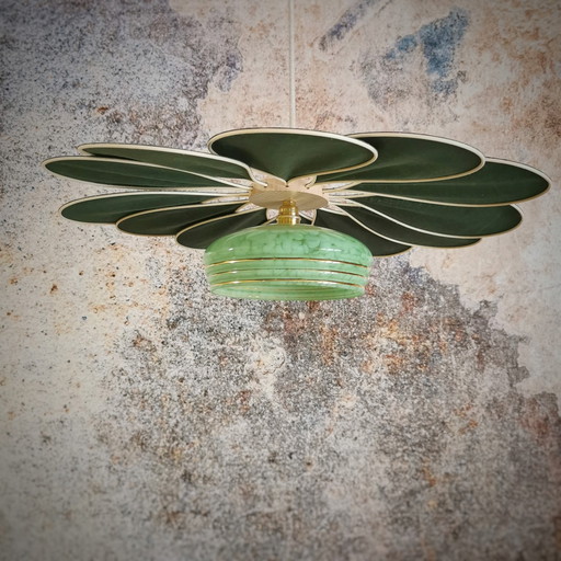 Rattan and Linen Flower Hanging Lamp Fir Green - Luminaires Artisanaux