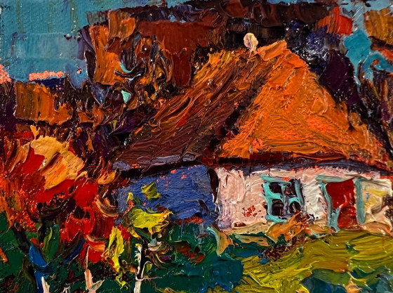 Original Oil Painting Rural Houses Landscape The Sun Over The Village – Paintings & Drawings, Canvas (photo 7 of 8)
