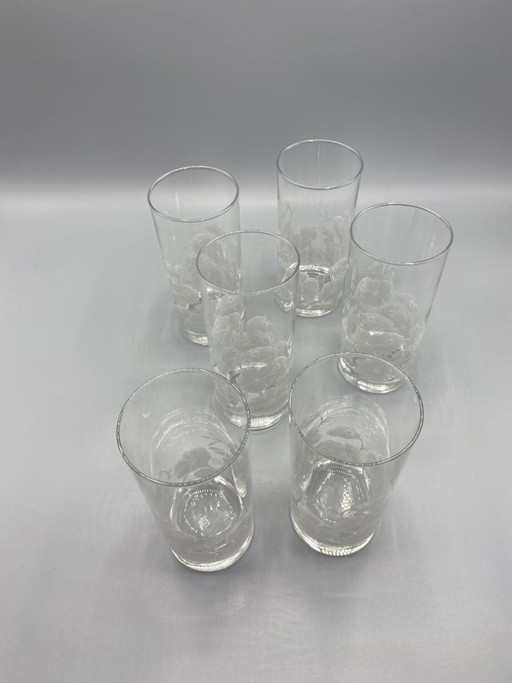 6 transparante glazen voor sinaasappelsap – wit met zeefdruk van een bloemenmotief – glazen karaffen, Glass (photo 2 of 4)