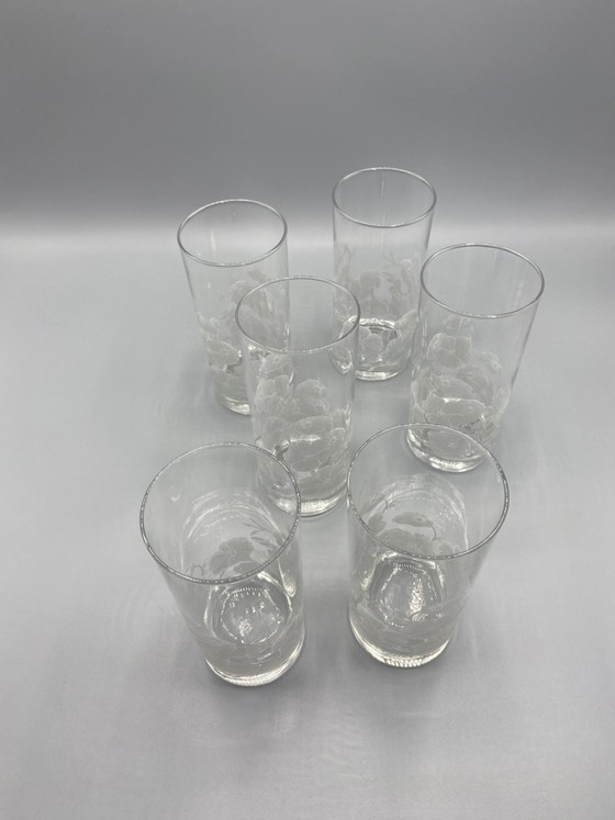 6 transparante glazen voor sinaasappelsap – wit met zeefdruk van een bloemenmotief – Glazen & Karaffen, Glass (photo 2 of 4)
