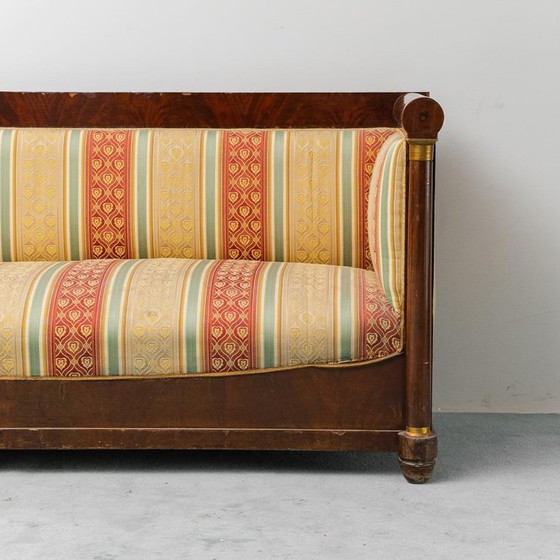Image 1 of 3 SEATER VINTAGE WOODEN SOFA WITH STRIPED FABRIC FROM THE 50S, CLASSIC AND ELEGANT
