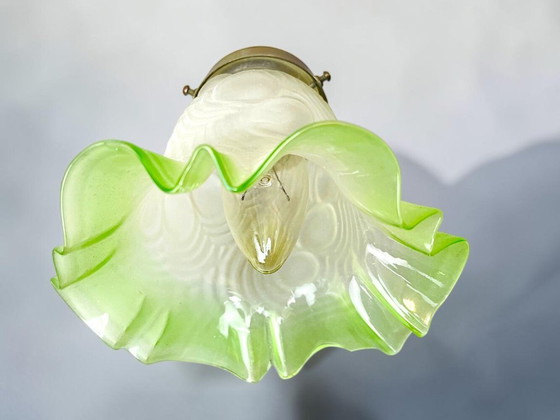 Art Nouveau Inspired Curved Brass Green Tulip Glass Table Lamp (photo 9 of 14)