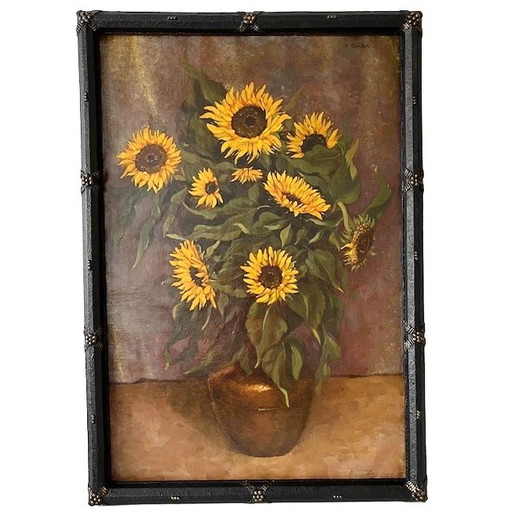 Antique XL painting sunflowers oil painting M. Bertels 1920's