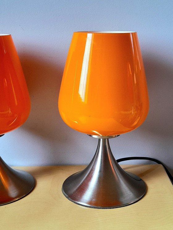 Image 1 of Pair of space age lamps in orange opaline glass and chrome-plated metal