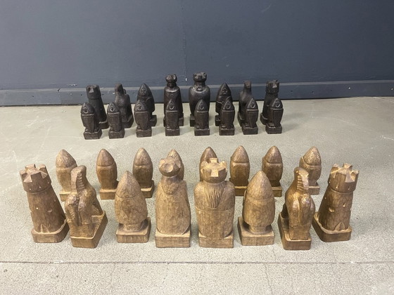 Image 1 of Großes, handgefertigtes Schachfigurenset aus Holz, 1960er Jahre