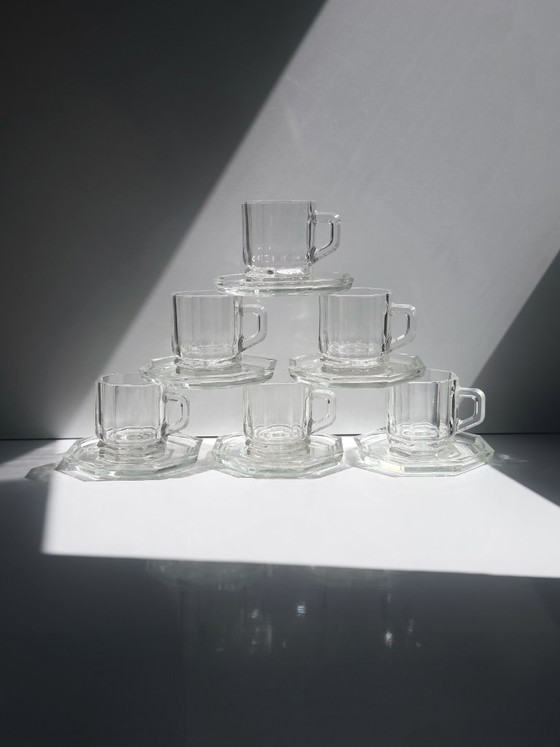 6 Vintage Glazen Espressokopjes met Achthoekige Schotels, Italië Jaren 80/90, Art Deco Revival – Servies (photo 3 of 6)