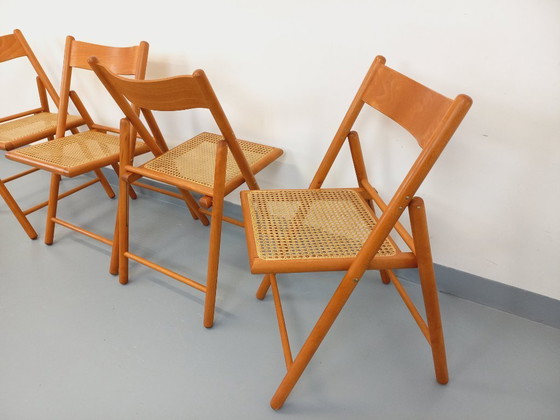 Image 1 of Set of 4 vintage Habitat folding chairs in beech wood and caning from the 1980s