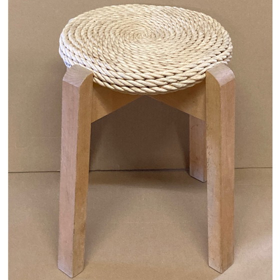 Image 1 of Tabouret jonc scandinave en pin du milieu du siècle