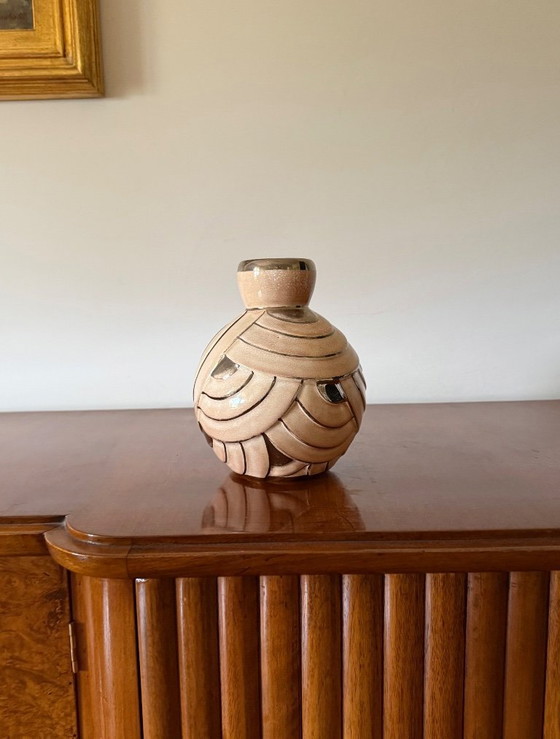 Image 1 of Art Deco pink & silver ceramic vase, Italy 1930s