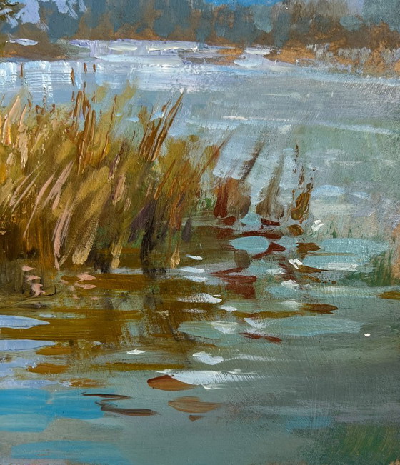 Image 1 of Origineel olieverfschilderij: Zomerlandschap langs de rivier. Zomerse reis langs de rivier.