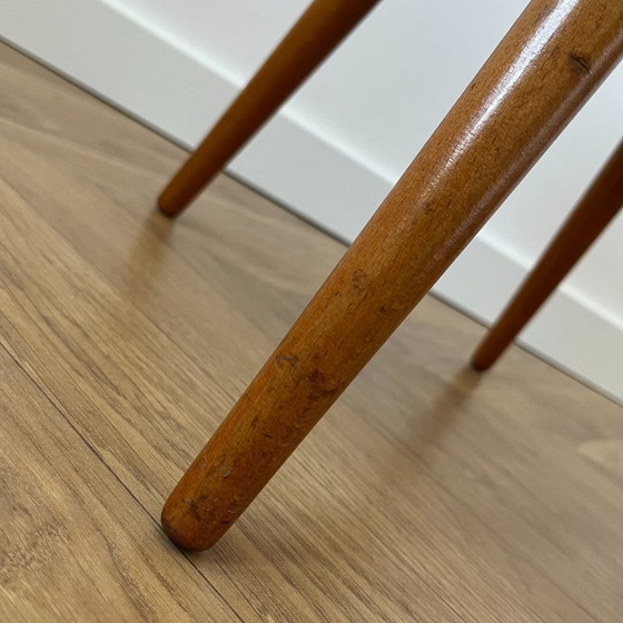 Image 1 of Vintage Polish Footstool: Mid Century Modern Grey Fabric, Wood Legs