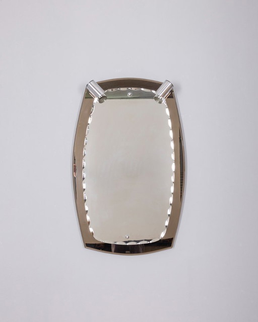 VINTAGE 1960S SMOKED GLASS WALL MIRROR WITH ITALIAN DESIGN SPOTLIGHTS