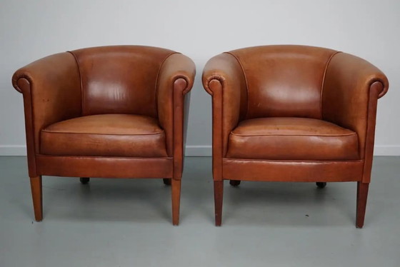 Image 1 of Poltrone club olandesi vintage in pelle color cognac, set da 2