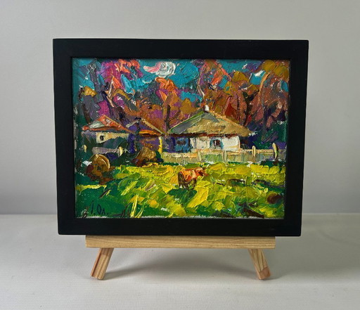 Original Oil Painting Colorful Village Landscape First morning of spring