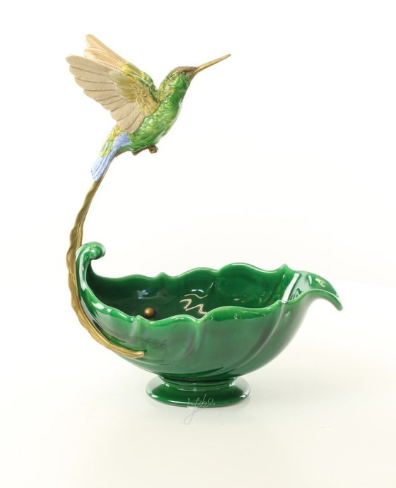 Image 1 of HUMMINGBIRD PLANTER JASMINE PORCELAIN + BRONZE ORMOLU BIRD BOWL SCULPTURE
