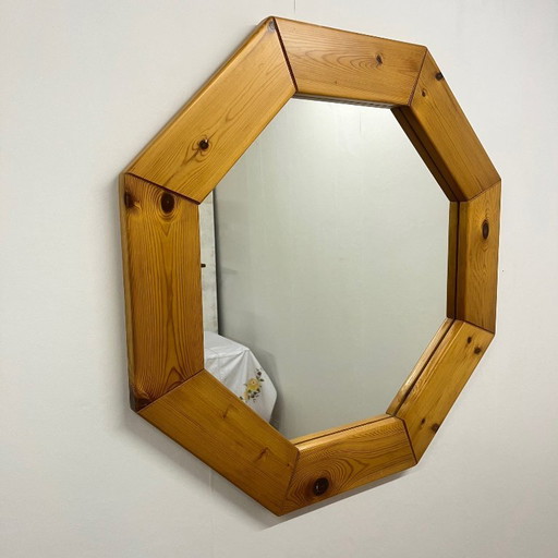 Grande specchio ottagonale in legno di pino, stile scandinavo, 1980