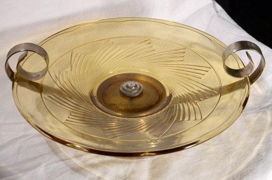 Schale im Art-Deco-Stil aus rauchfarbenem Pressglas und versilbertem Metall, 30 x 8 cm – Dekorative Objekte (photo 11 of 11)