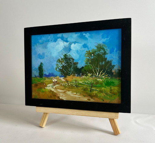 Original Oil Painting Summer Field Landscape Steps among the greenery