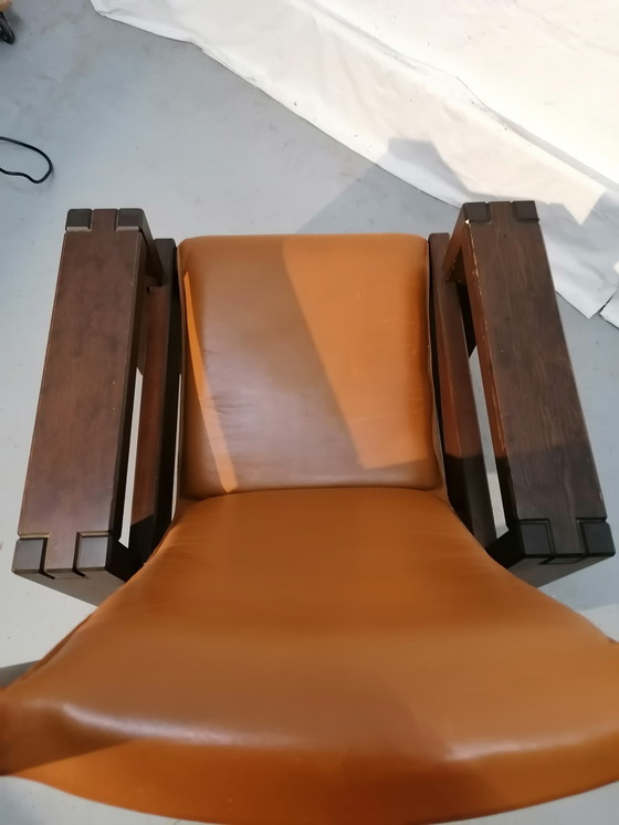 Image 1 of Brutalist style armchair, wood and leather, 70s