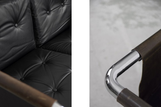 Image 1 of Vintage Brutalistische Buisvormige Metalen en Lederen Bauhaus Minimalistische Sofa 1950