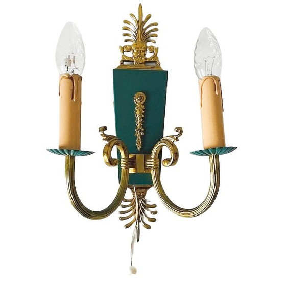 Image 1 of Lampada da parete vintage in stile impero di metà secolo Lucien Gau, in ottone barocco verde, anni '60