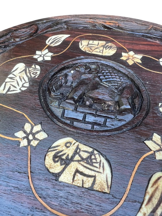 Image 1 of Unique wooden side table/flower stool with elephant head design and inlays ca. 1920-1930s