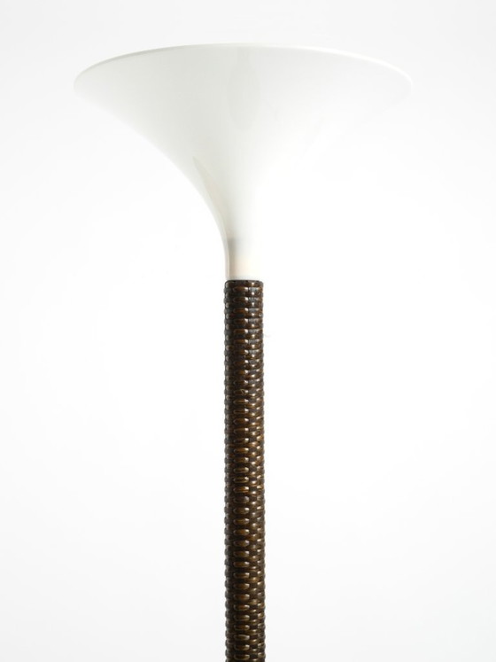 Image 1 of Stunningly beautiful XXL 1970s Pop Art Tulip floor lamp with a dark brown wicker frame and a plexiglass shade