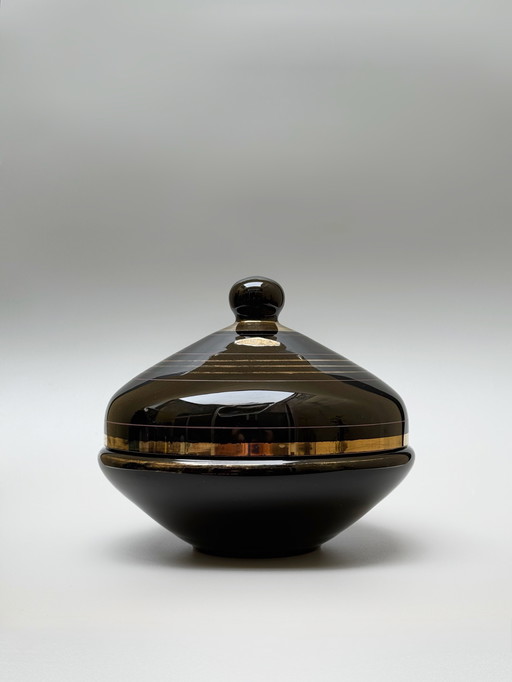 Bombonera grande de vidrio negro, serie "Mimosa" - Boom, Bélgica Art Déco - Vidrio Hyalith -