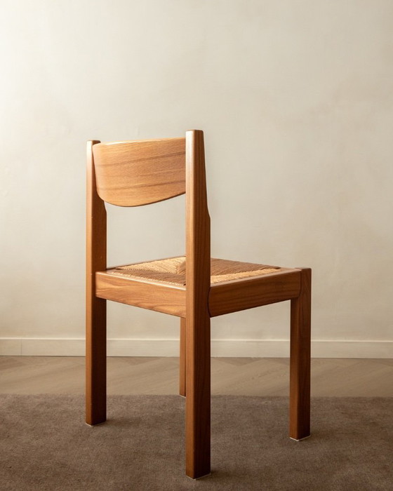 Image 1 of Mid-century eetkamerstoelen van iepenhout en riet van Maison Regain, jaren 70, set van 4