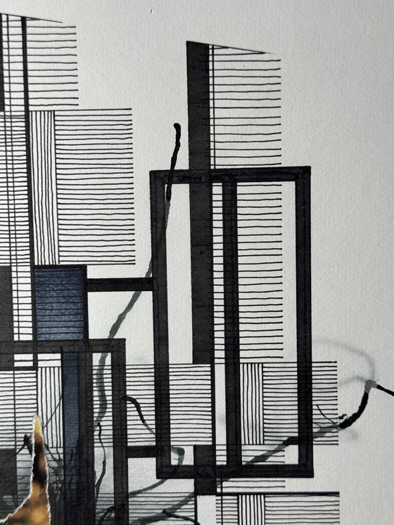 Image 1 of Eugène Eechaut (1928-2019) - ingelijste inktcompositie met collage, 1987