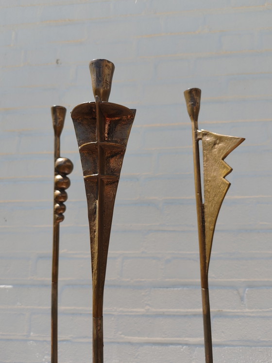 Image 1 of 3 candelieri da terra vintage forgiati, in acciaio e ottone/bronzo