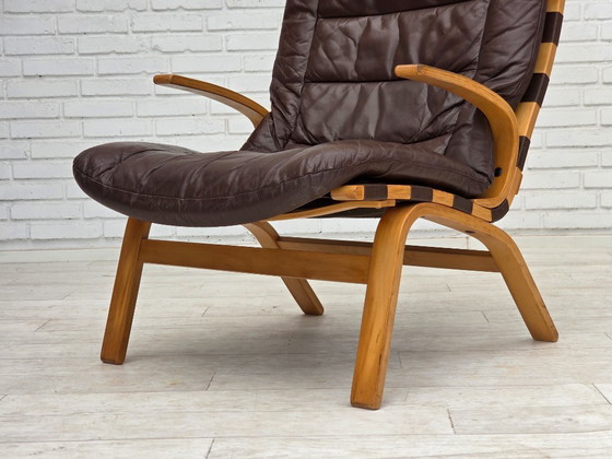Image 1 of Anni '70, design danese di Farstrup, set di 2 poltrone, mobili in pelle, legno curvato.