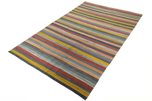 Handwoven Designer Kilim Fars - 250 X 162 Cm - Modern Stripes & Natural Colors