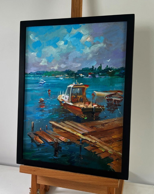 Original Oil Painting Summer Coastal Landscape Old wooden pier leading into the sea