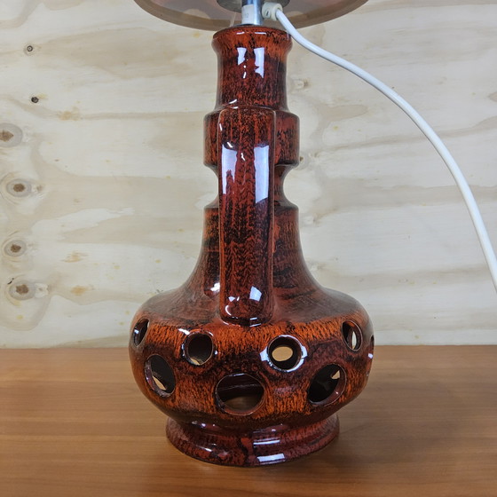Image 1 of Lampe de table Fat Lava en céramique (70s) Lampe Scheurich West Germany (1970) abat-jour à motifs