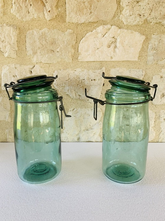 Image 1 of Vintage Franse potten in smaragdgroen glas van L'Ideale, jaren 1940, set van 2