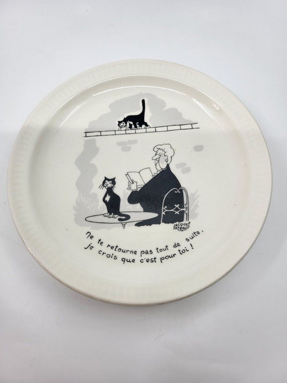 Image 1 of Sprechende Teller Saint Amand Illustration von Jacques Faizant Fayence Frankreich 1970 (6er Set)