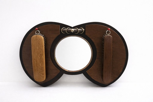 Authentic Amsterdam School Art Deco Mirror Set – Oak & Brass – 1920s