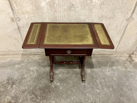 Image 1 of 🇬🇧 Antique side table with green inlaid leather, drawer and flaps